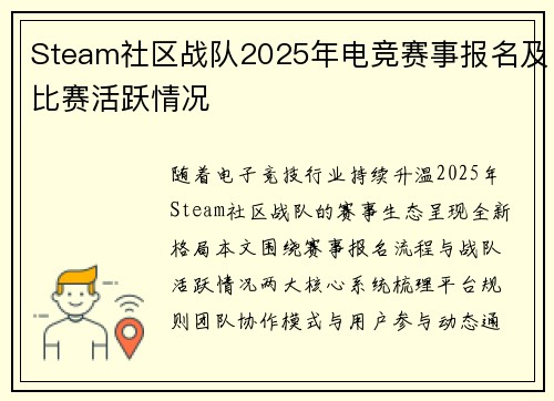 Steam社区战队2025年电竞赛事报名及比赛活跃情况